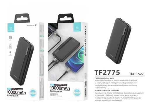 Techancy Power Bank 10000mah Preto TF2775, Carregamento Rápido De 10w