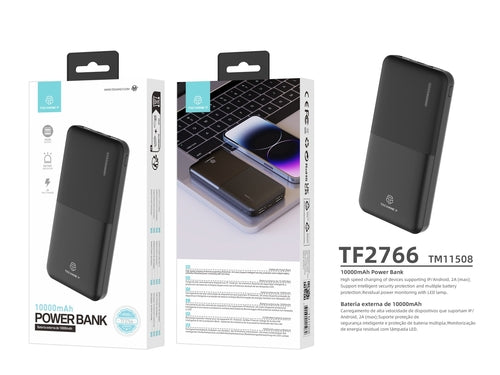Techancy 10000mah Power Bank Preto TF2766，Carregamento Rápido De 2a, 2