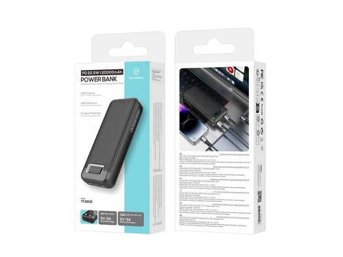 Techancy Power Bank 20000mAh TF2806 PD 22.5W com USB-C e 2 USB,