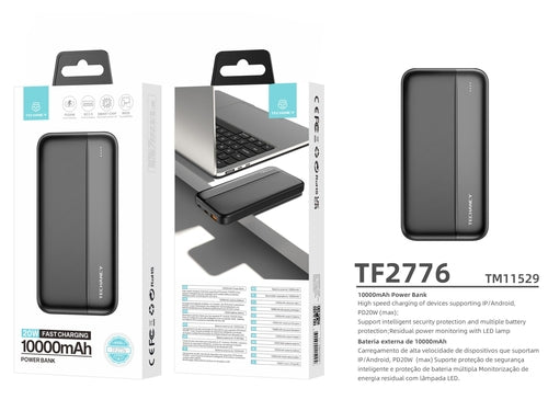 Techancy Power Bank 10000mah Preto TF2776, Carregamento Rápido Pd20w